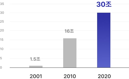 2001년:1.5조, 2010년:16조, 2020년:30조