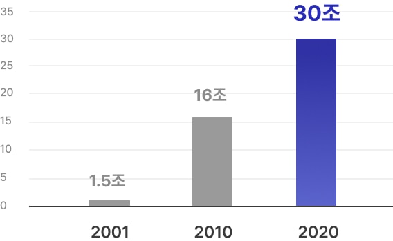 2001년:1.5조, 2010년:16조, 2020년:30조